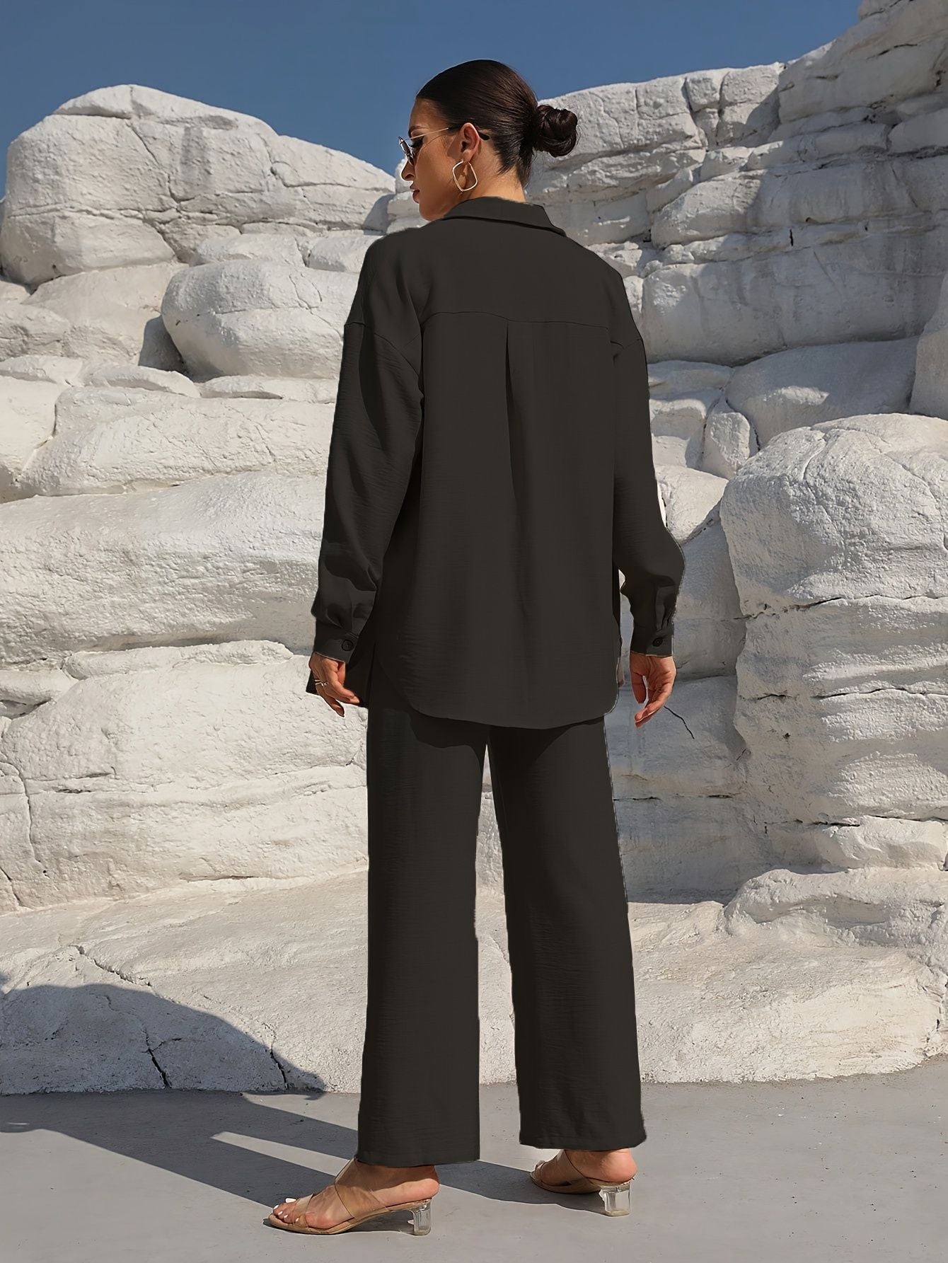 Fashion Graceful Plus Size Women's Long Sleeve Cardigan Two-piece Set Casual Solid Color Suit