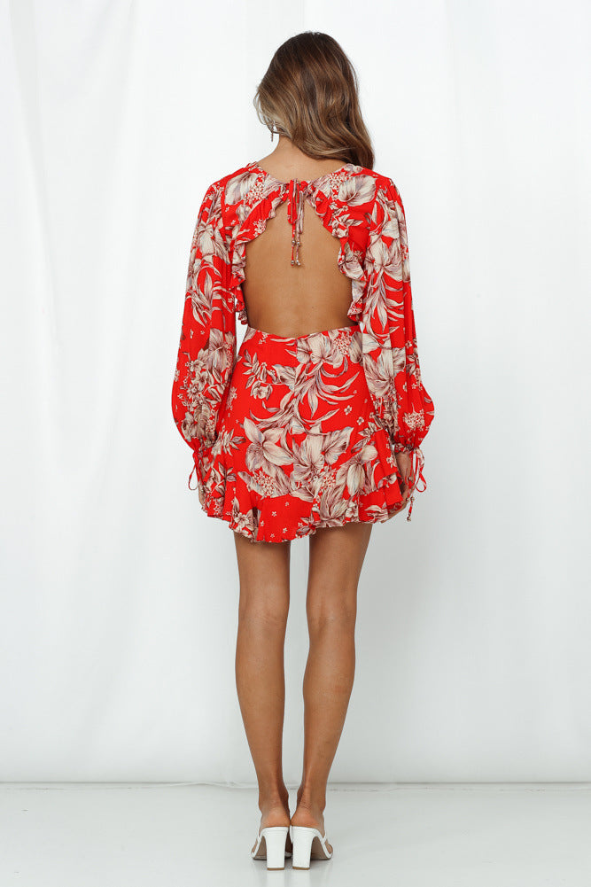 Lace deep v print dress