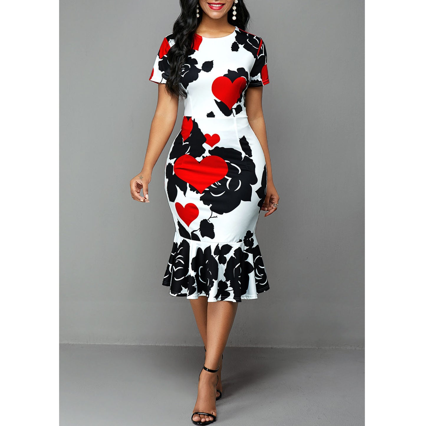European And American Round Neck Short Sleeve Printed Slim Ruffle Dress
