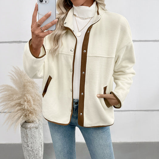 European And American Contrast Color Polar Fleece Cardigan Women's Fleece Short Stand-up Collar Casual Jacket