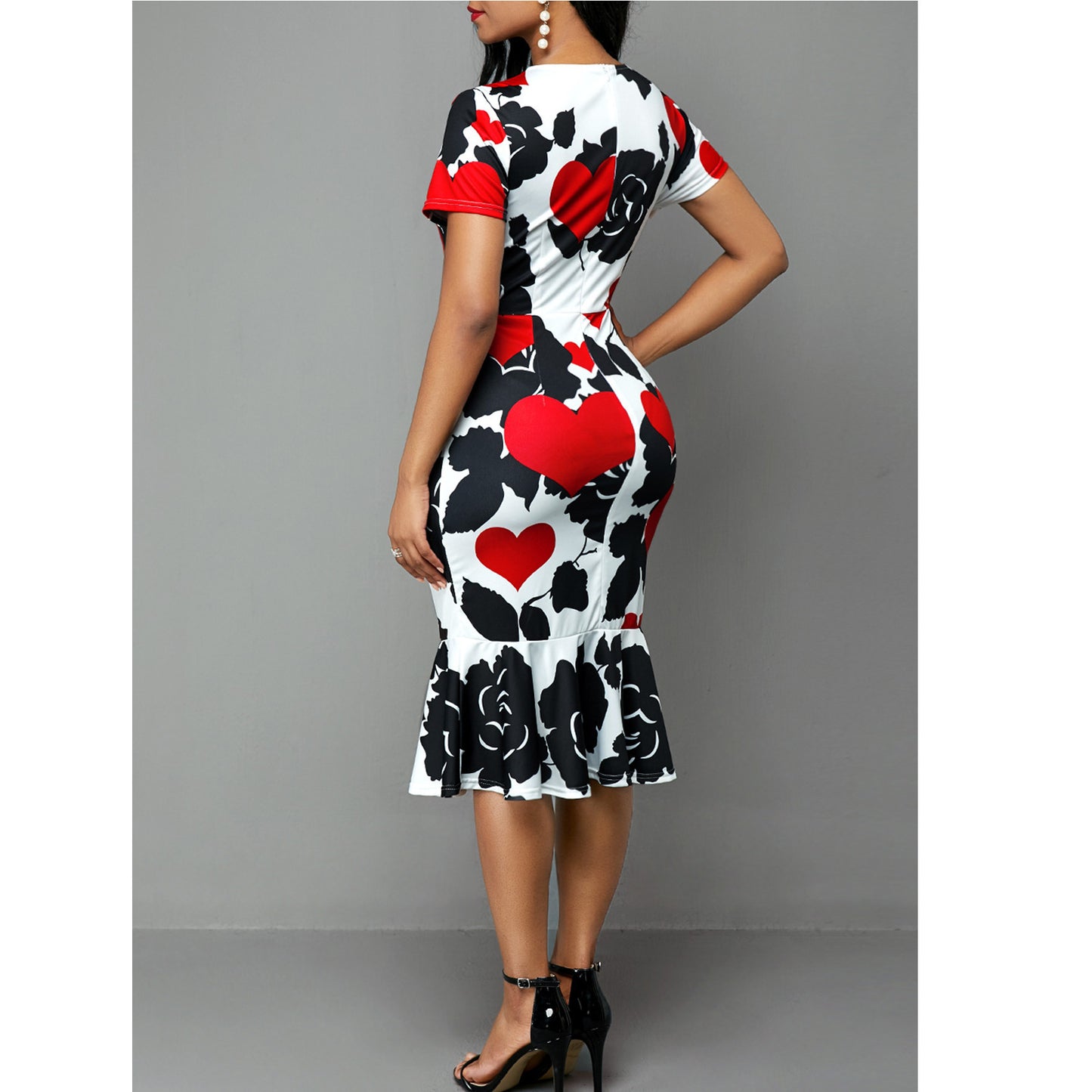 European And American Round Neck Short Sleeve Printed Slim Ruffle Dress