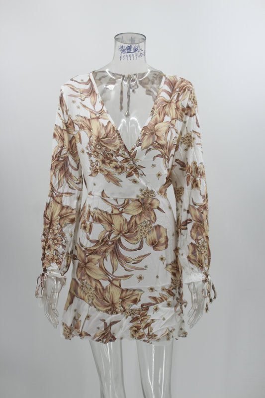 Lace deep v print dress