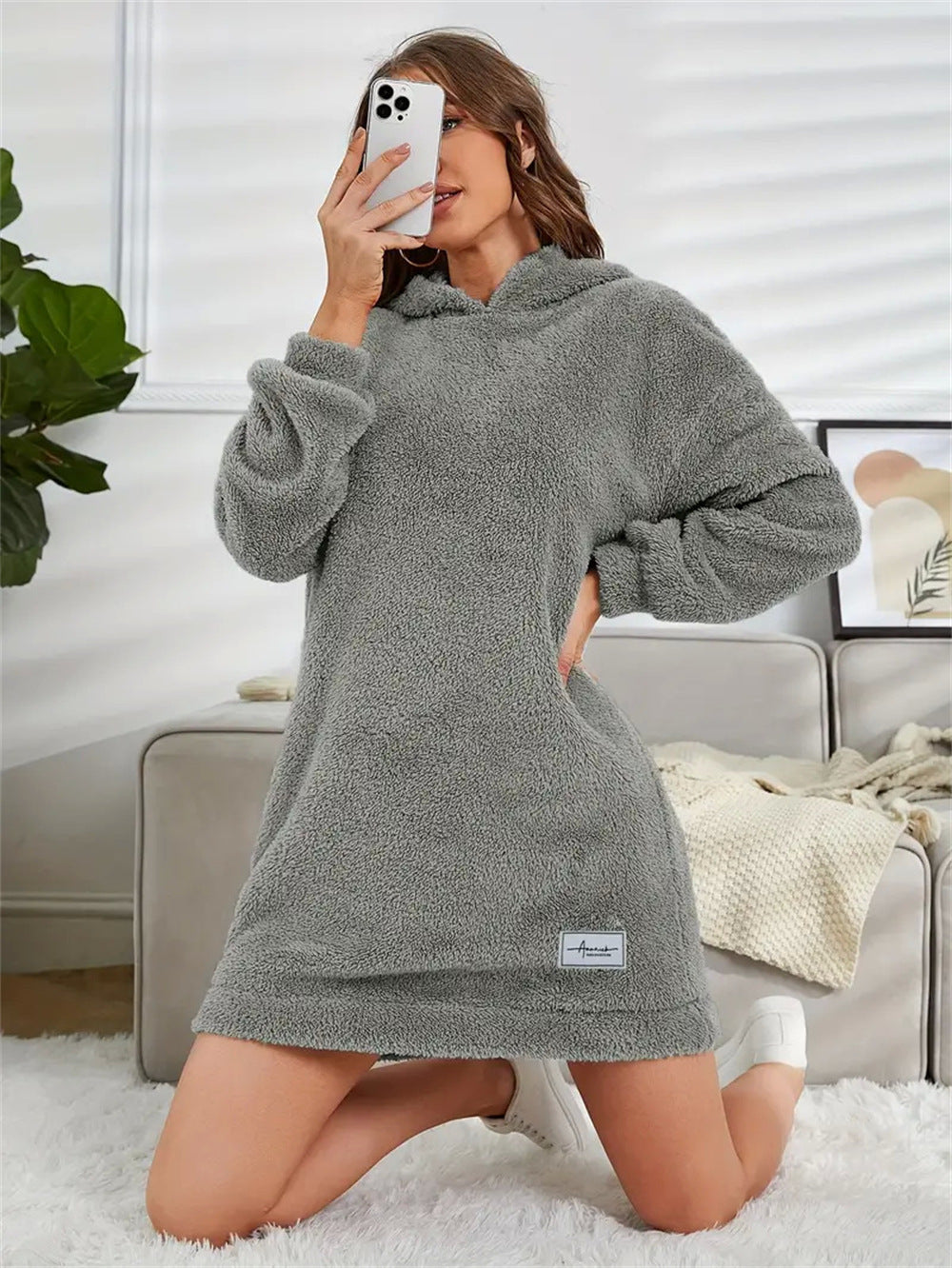 Women's Hooded Long Sleeve Plush Dress
