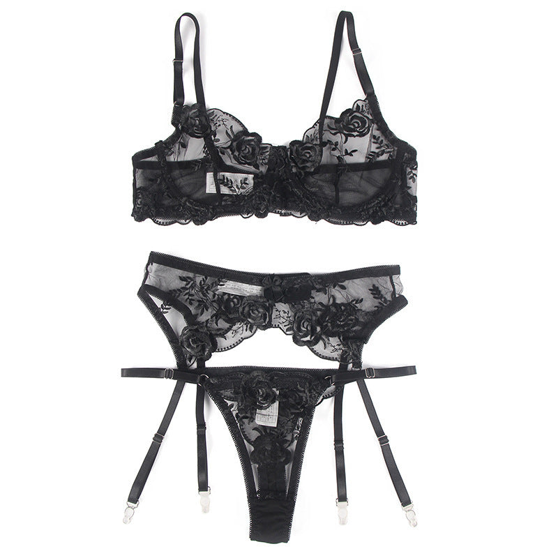 Lace See-through Embroidered Steel Bracket Garter Underwear Bra Set