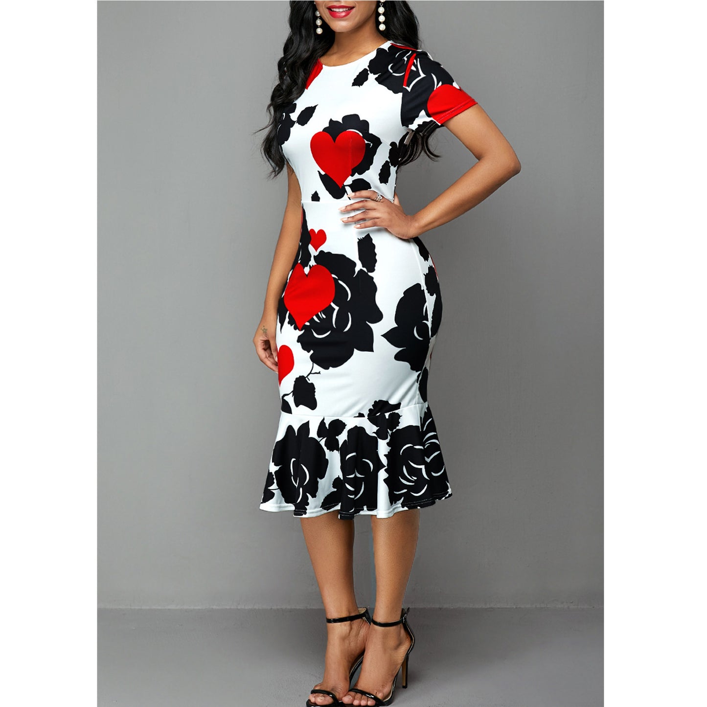 European And American Round Neck Short Sleeve Printed Slim Ruffle Dress
