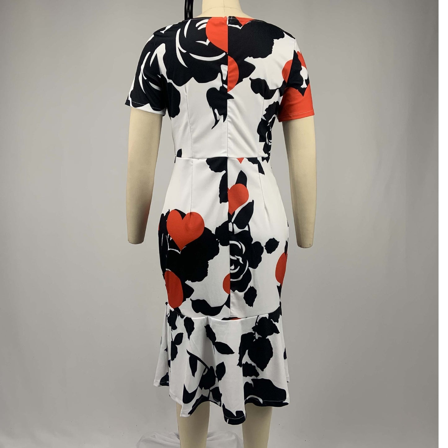 European And American Round Neck Short Sleeve Printed Slim Ruffle Dress