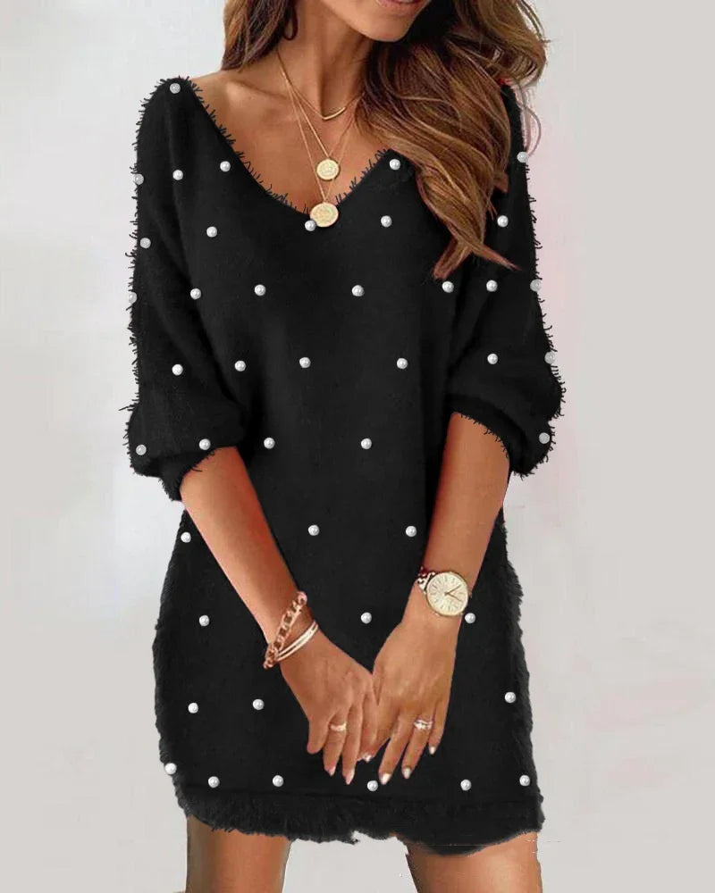 Lace V-neck Corn Velvet Off-the-shoulder Dress